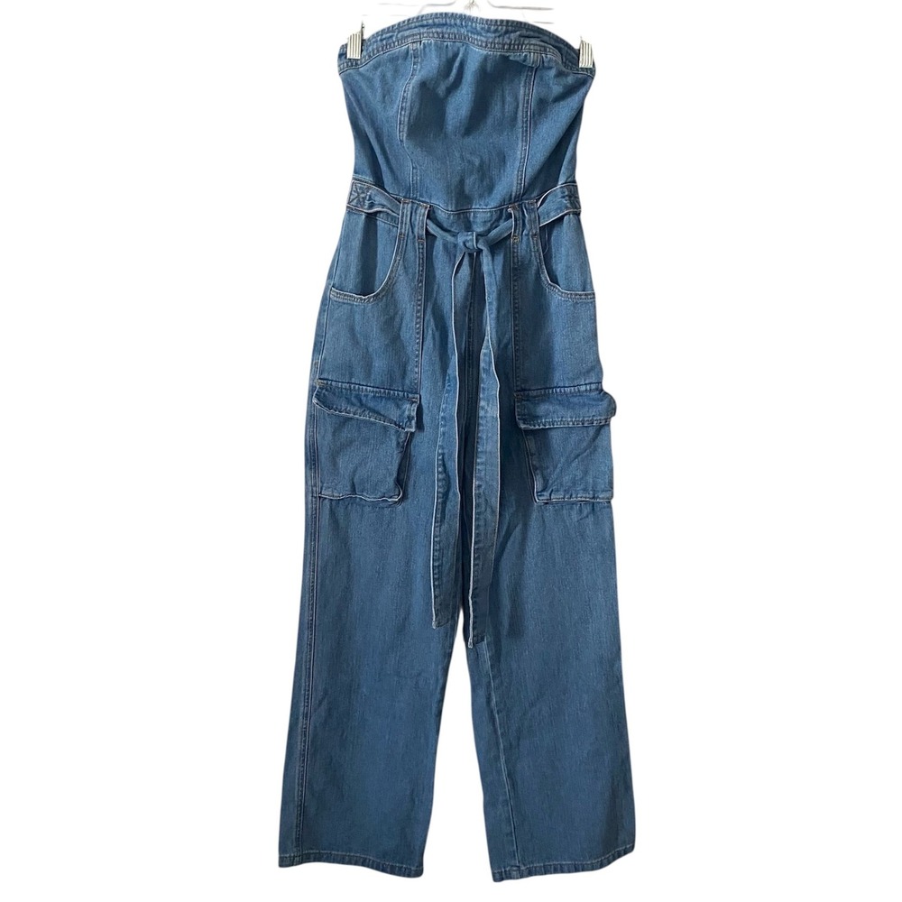 Sincerely Jules Womens Strapless Denim Cargo Jumpsuit Wide Leg Festival Small